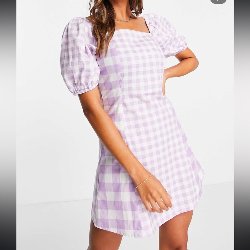 Influence square neck puff sleeve mini dress in lilac gingham plaid
